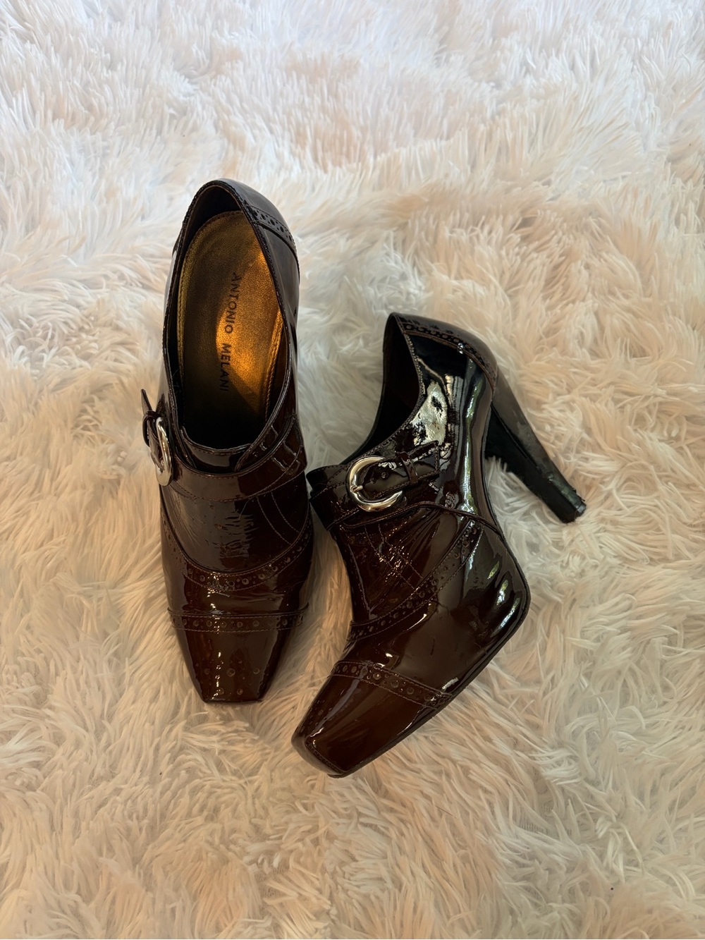 ANTONIO MELANI Glossy Dark Brown Buckle High-Heel Pumps